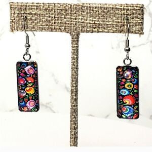 FOLK ART Bright Floral Dangle French Hook Earrings
